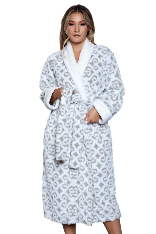 BW2069 Women Long Sleeve Textured Plush Belted Robe Geometric Flocked Pattern